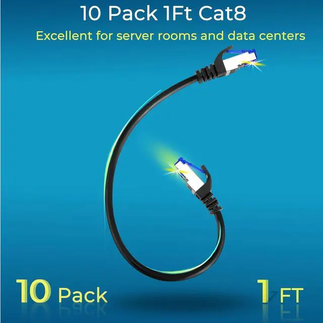 Alt view image 2 of 6 - Rapink Patch Cables Cat8 1ft 10 Pack Slim, Cat8 Ethernet Patch Cable 40G Support, Snagless Cat 8 Patch Cable for Patch Panel to Switch, Flexiable Cat 8 Ethernet Cable Datacenter with Gold Plated