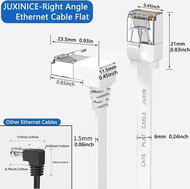 Alt view image 3 of 7 - 2Pack Cat 6 Ethernet Cable 90 Degree Rightangle Cat6 Ethernet Patch Cable-20ft, High Speed Flat CAT6 Gigabit Internet Network LAN Patch Cords- White(UP+Down) Angle