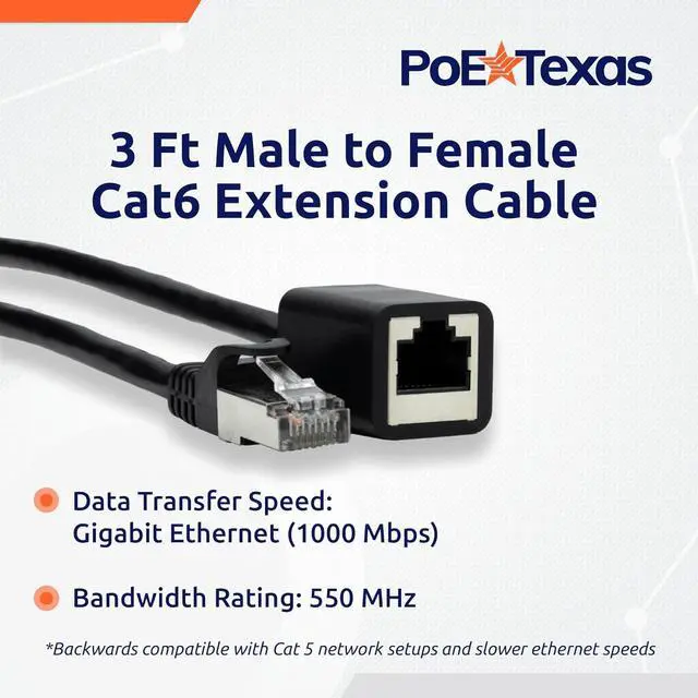 Alt view image 2 of 6 - PoE Texas Cat6 Ethernet Extension Cable 3 Ft - Male to Female Ethernet Cable Extender for Cat5, Cat 6, Cat6e Standards - Internet Cable Ethernet Extender Adapter with Shielded RJ45 Port (Blue, 2 Pack)