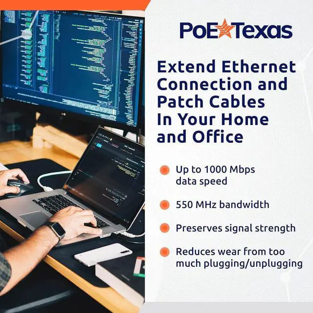 Alt view image 6 of 6 - PoE Texas Cat6 Ethernet Extension Cable 3 Ft - Male to Female Ethernet Cable Extender for Cat5, Cat 6, Cat6e Standards - Internet Cable Ethernet Extender Adapter with Shielded RJ45 Port (Blue, 2 Pack)