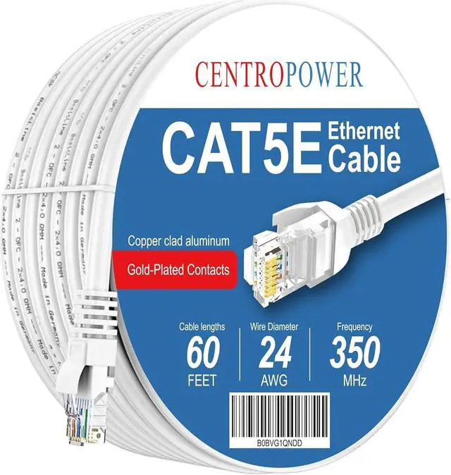 Main image of Cat 5 60 ft Network Patch Cable, LAN Cable, Pure Bare Copper Wire,Cat5e EthernetRJ45 Ethernet Connector, Transfer Speed, White