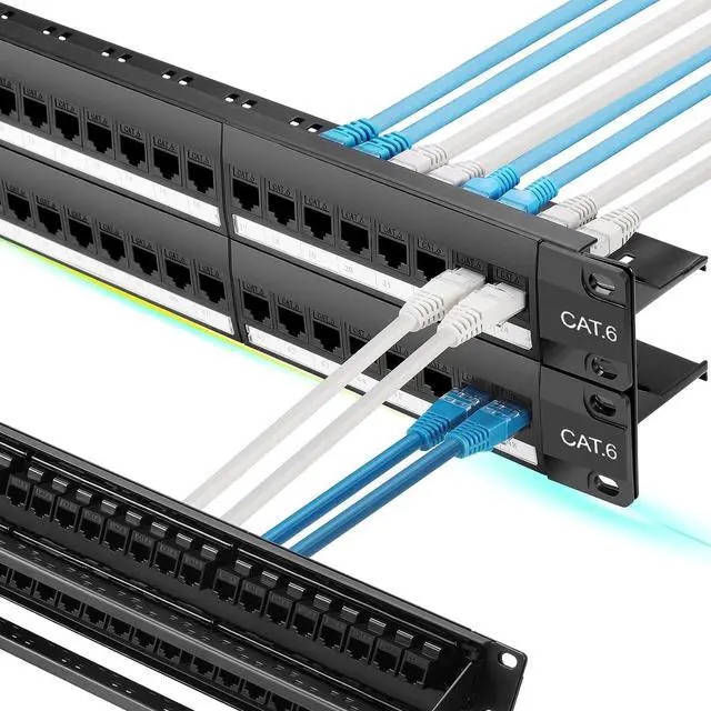 Main image of 48 Port Cat6 Patch Panel with Inline Keystone 10G Support, Pass-Thru Coupler UTP 19-Inch, Removable Back Bar, 1U Network for Cat6, Cat5e, Cat5 Cabling