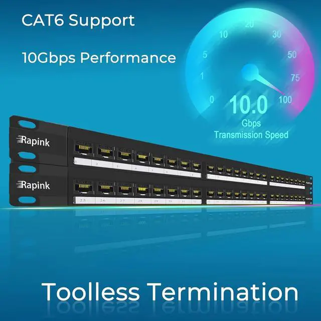 Alt view image 2 of 7 - 48 Port Cat6 Patch Panel with Inline Keystone 10G Support, Pass-Thru Coupler UTP 19-Inch, Removable Back Bar, 1U Network for Cat6, Cat5e, Cat5 Cabling