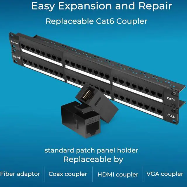 Alt view image 4 of 7 - 48 Port Cat6 Patch Panel with Inline Keystone 10G Support, Pass-Thru Coupler UTP 19-Inch, Removable Back Bar, 1U Network for Cat6, Cat5e, Cat5 Cabling