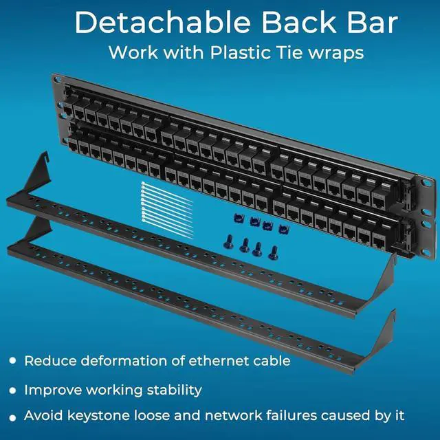 Alt view image 6 of 7 - 48 Port Cat6 Patch Panel with Inline Keystone 10G Support, Pass-Thru Coupler UTP 19-Inch, Removable Back Bar, 1U Network for Cat6, Cat5e, Cat5 Cabling