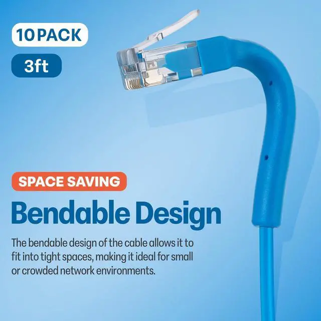 Alt view image 2 of 7 - 10-Pack Cat6A Ultra-Slim Patch Cables - Bendable Boot - High-Speed 10GB Ethernet Cord - Space-Saving, Fast, Durable Cat6 Patch Cables - 1ft,1.5ft, 2ft, 3ft, 5ft, 6ft, 7ft,10ft,15ft (Blue)