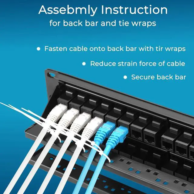 Alt view image 7 of 7 - 48 Port Cat6 Patch Panel with Inline Keystone 10G Support, Pass-Thru Coupler UTP 19-Inch, Removable Back Bar, 1U Network for Cat6, Cat5e, Cat5 Cabling