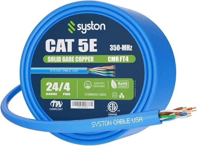 Main image of Cat 5e Ethernet Network Cable - 50 FT350MHz 24AWG Solid Bare Copper Wire Outdoor/Indoor, Bulk No Ends 10 Ft to 1000 Ft Available, Heat Resistant Riser Rated - CMR