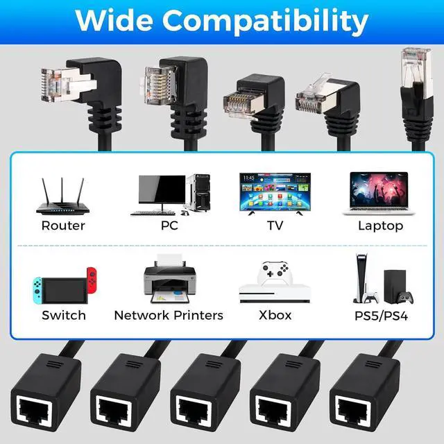 Alt view image 6 of 6 - Cat 6 Ethernet Extension Cable 5 PackMultiple AnglesUP/Down/Left/Right/Straight Cat6 RJ45 Network LAN Patch Cord Adapter FTP Shielded Male to Female Connector Supports CAT5E/CAT5-0.6 Feet