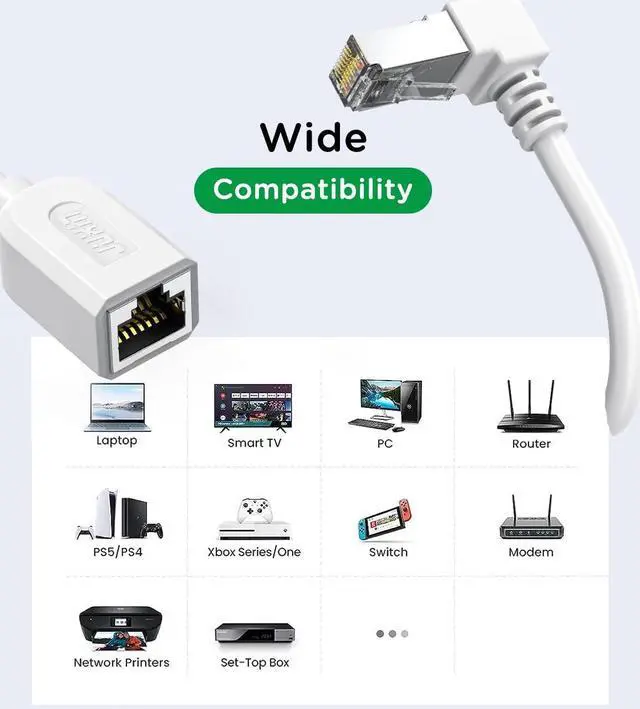 Alt view image 7 of 7 - Right Angle Ethernet Extension Cable UPangle 1.5ft-White, 90 Degree CAT6 Ethernet Patch Cable RJ45 LAN Cable Extender Male to Female Connector for Router Modem Smart TV PC Computer Laptop