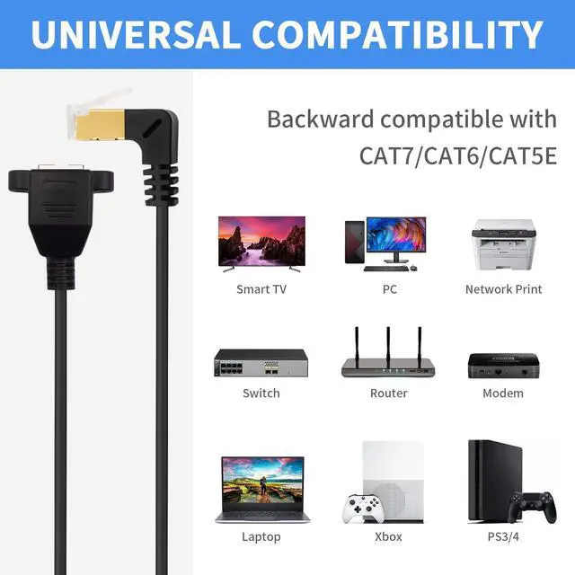 Alt view image 5 of 7 - Duttek Cat8 90 Degree Network Extend Cable 1.65FT/50cm, 40Gbps Extreme Thin Up Angled RJ45 Male to Female Ethernet Adapter Cable with Screw Panel Mount, for Hub, Routers, etc