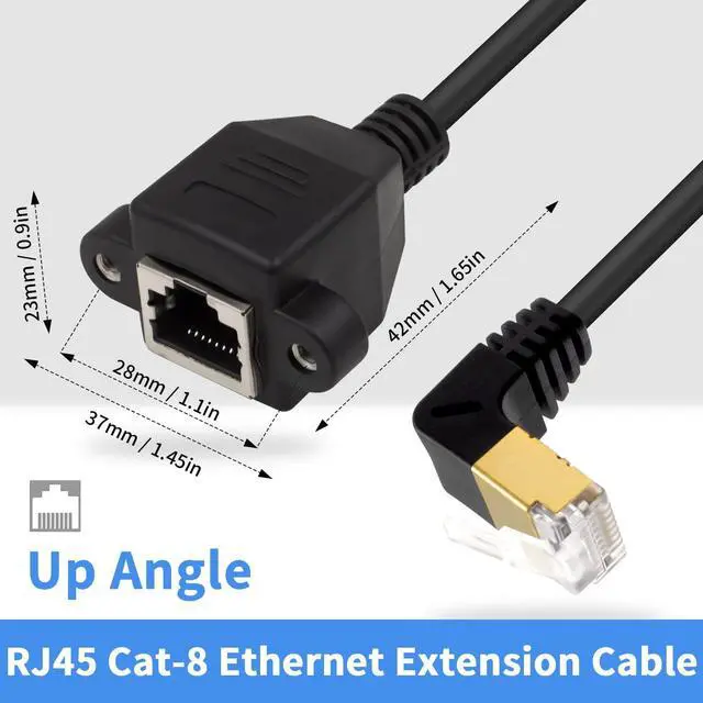 Alt view image 3 of 7 - Duttek Cat8 90 Degree Network Extend Cable 1.65FT/50cm, 40Gbps Extreme Thin Up Angled RJ45 Male to Female Ethernet Adapter Cable with Screw Panel Mount, for Hub, Routers, etc
