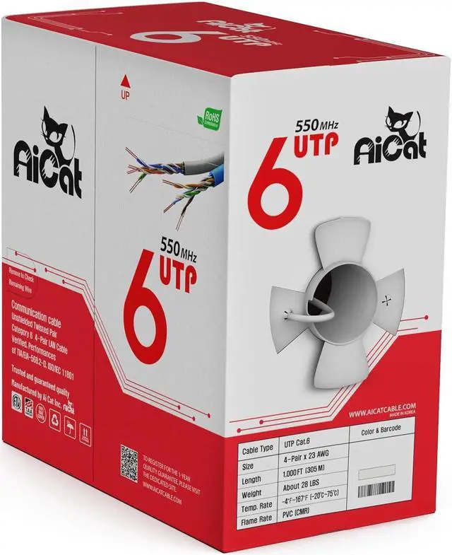 AiCat Cat 6 Ethernet Cable 1000ft - 23 AWG, CMR, Insulated Solid Bare Copper Wire Cat6 Cable with Noise Reducing Cross Separator - 550MHZ / 10 Gigabit Speed, PoE++, UTP LAN Cable (White)