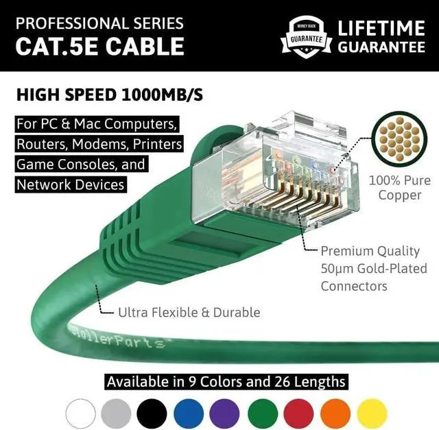 Alt view image 2 of 6 - InstallerParts Ethernet Cable CAT5E Cable UTP Booted 15 FT - Green - Professional Series - 1Gigabit/Sec Network/Internet Cable, 350MHZ