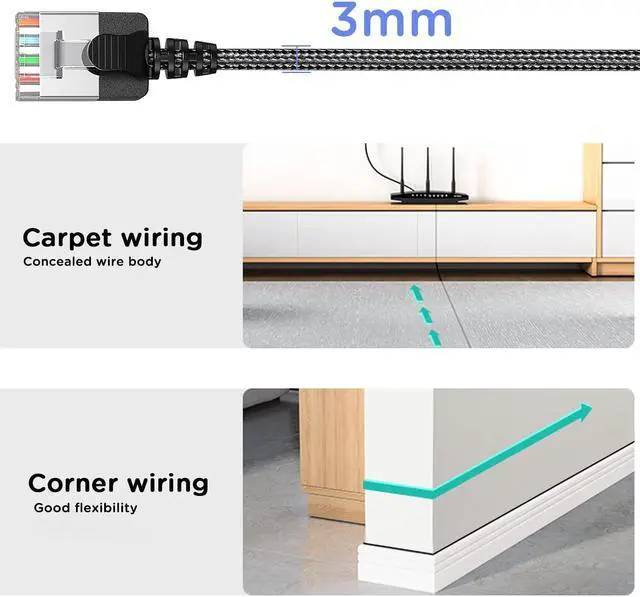 Alt view image 4 of 7 - 2Pack Nylon Braided Cat6a Ethernet Cable-Black,Ultra Slim Cat6 Ethernet Patch Cable 10FT, Right Angle cat7 Ethernet Cable Thin RJ45 Network Cable,Backward Compatible with Cat6/Cat 5e/Cat5