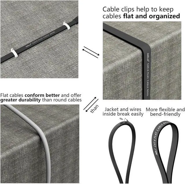 Alt view image 5 of 7 - Cat 6 Ethernet Cable 10 Ft (2Pack), Outdoor&Indoor, 10Gbps Support Cat 7 Network, Heavy Duty Flat Internet LAN Patch Cord, High Speed Weatherproof Cable for Router, Modem, Xbox, PS4, Switch, Black