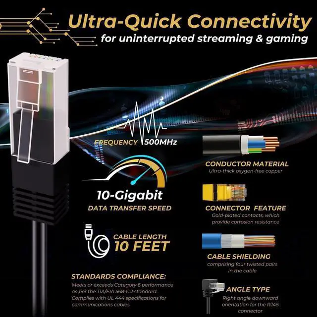 Alt view image 3 of 7 - TNP Cat6 Ethernet Cable (Right Angle Up, 10 FT) RJ45 90 Degree Network Connector 250 MHz 10 Gigabit Gold Plated Patch Plug Wire LAN Cord for PS4 Fire-Stick Xbox One Smart TV Gaming & Computer