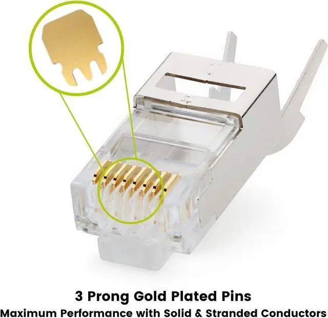 Alt view image 2 of 7 - trueCABLE Cat6/6A RJ45 Pass Through Modular Plugs, Shielded (STP) External Ground Connector, UL Listed, EZ Crimp, Gold Plated 3 Prong 8P8C, 20 Pieces