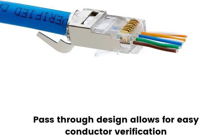 Alt view image 6 of 7 - trueCABLE Cat6/6A RJ45 Pass Through Modular Plugs, Shielded (STP) External Ground Connector, UL Listed, EZ Crimp, Gold Plated 3 Prong 8P8C, 20 Pieces