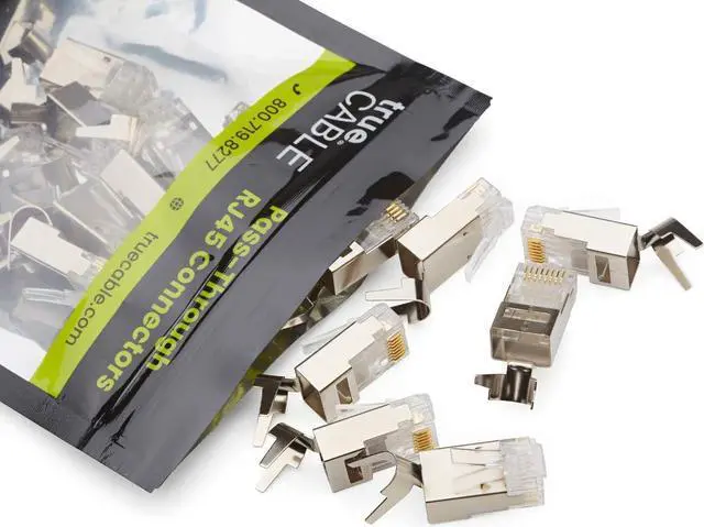 Alt view image 7 of 7 - trueCABLE Cat6/6A RJ45 Pass Through Modular Plugs, Shielded (STP) External Ground Connector, UL Listed, EZ Crimp, Gold Plated 3 Prong 8P8C, 20 Pieces