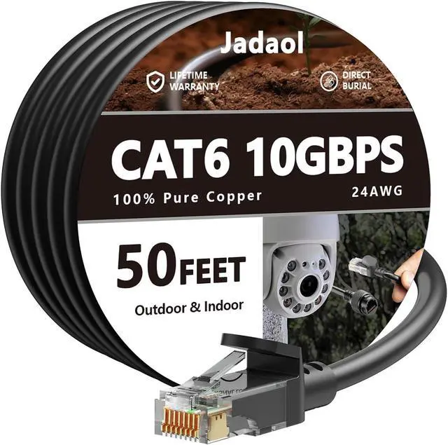 Main image of Cat 6 Outdoor Ethernet Cable 50 ft, 24AWG 10Gbps Support Cat8 Cat7 Network, Pure Copper, Direct Burial Waterproof Underground Anti-UV (1Ft 3Ft 5Ft 10Ft 15Ft 20Ft 30Ft 50Ft 60Ft 75Ft 100Ft 150ft 200ft)