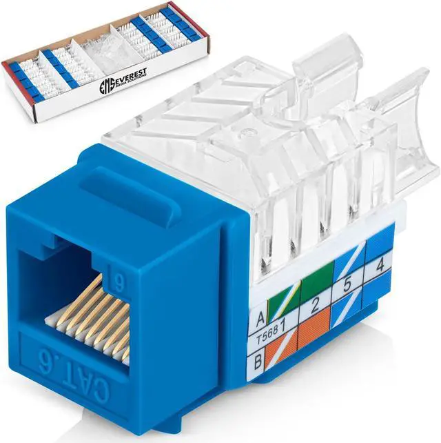 Main image of Everest Media Solutions 45° Angled CAT6 Keystone Jack in Blue - Slim Profile RJ45 Ethernet Connector - Compatible with 45° Angled Speed Termination Tool - 45Term (B0BL3GS7ZY) - 20-Pack