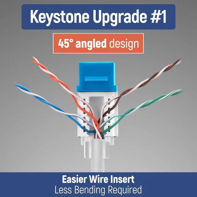 Alt view image 3 of 7 - Everest Media Solutions 45° Angled CAT6 Keystone Jack in Blue - Slim Profile RJ45 Ethernet Connector - Compatible with 45° Angled Speed Termination Tool - 45Term (B0BL3GS7ZY) - 20-Pack