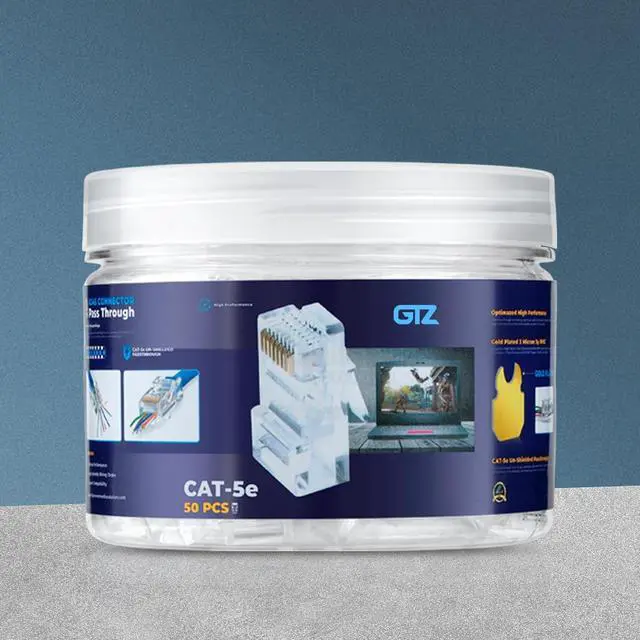 Alt view image 2 of 7 - GTZ RJ45 Cat5e Pass Through Connectors - Pack of 50 - EZ to Crimp Modular Plug for Solid or Stranded UTP Network Cable - Male Ethernet Connector End