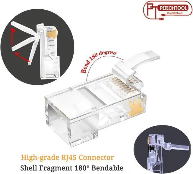 Alt view image 4 of 5 - PETECHTOOL 100-Pack RJ45 Pass Through Connector 23AWG Cat6a Cat6 Ethernet Connector Gold Plated 8P8C RJ45 Ends for Solid or Stranded UTP Ethernet Cable