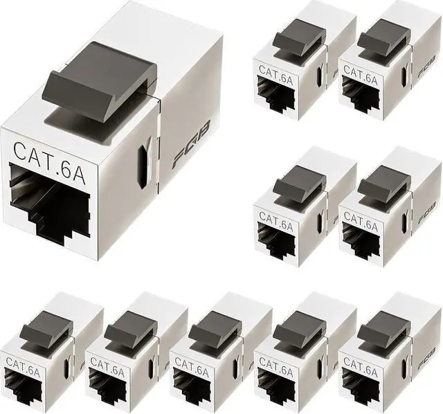 Main image of FGB 10 Pack Cat6a Shielded Keystone Coupler, Female to Female RJ45 Keystone Jack, Ethernet Keystone Coupler in Silver