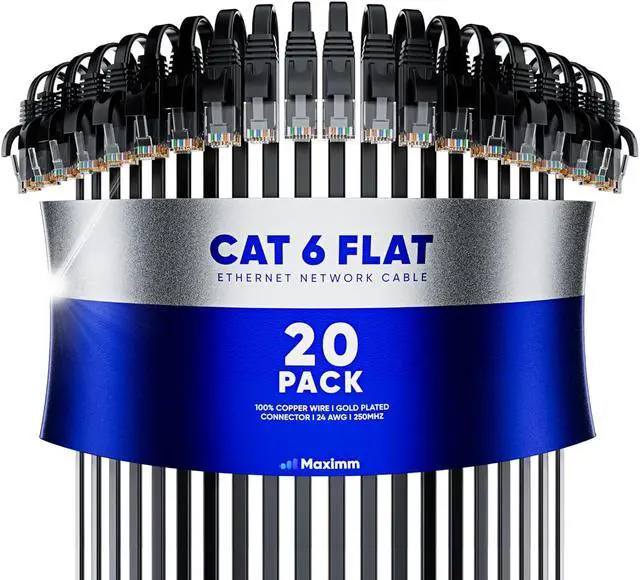 Main image of Cat 6 Ethernet Cable 2 ft - with a Flat, Space-Saving Design High-Speed Internet & Network LAN Patch Cable, RJ45 Connectors - 2ft / Black / 20 Pack - Perfect for Gaming, Streaming, and More