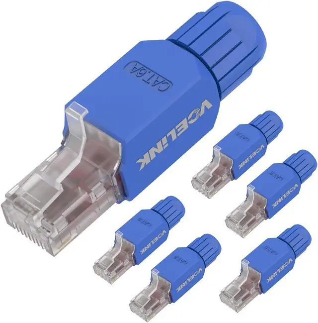Main image of VCELINK RJ45 Connector Tool-Free, CAT6A Field Termination Plug, Gold Plated Modular Plug, UTP CAT6A Connector Toolless for 23 to 26 AWG Network Cable, 6 Pack, Blue
