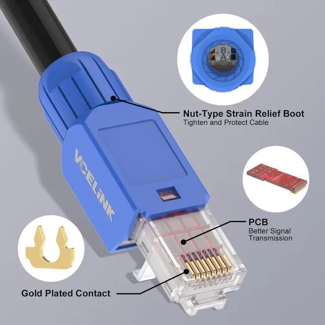 Alt view image 4 of 7 - VCELINK RJ45 Connector Tool-Free, CAT6A Field Termination Plug, Gold Plated Modular Plug, UTP CAT6A Connector Toolless for 23 to 26 AWG Network Cable, 6 Pack, Blue