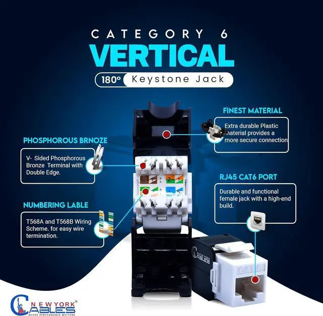 Alt view image 2 of 6 - Cat6 RJ45 Vertical Keystone Jack - 180 Degree UTP Toolless Ethernet Adapter, Compatible with Cat6 unloaded Blank Patch Panel (Pack of 10, Half White & Black)