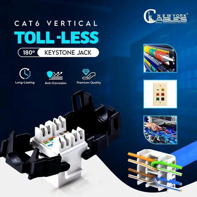 Alt view image 3 of 6 - Cat6 RJ45 Vertical Keystone Jack - 180 Degree UTP Toolless Ethernet Adapter, Compatible with Cat6 unloaded Blank Patch Panel (Pack of 10, Half White & Black)