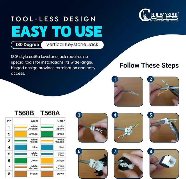 Alt view image 5 of 6 - Cat6 RJ45 Vertical Keystone Jack - 180 Degree UTP Toolless Ethernet Adapter, Compatible with Cat6 unloaded Blank Patch Panel (Pack of 10, Half White & Black)