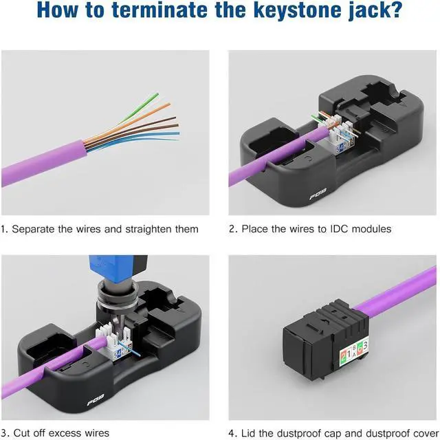 Alt view image 6 of 7 - FGB 25 Pack Cat6 Keystone Jacks and Punch down Stand, Slim Profile RJ45 Keystone, 90 Degree Ethernet Keystone Coupler, Punch Down Keystone Jack, Compact Design, Black