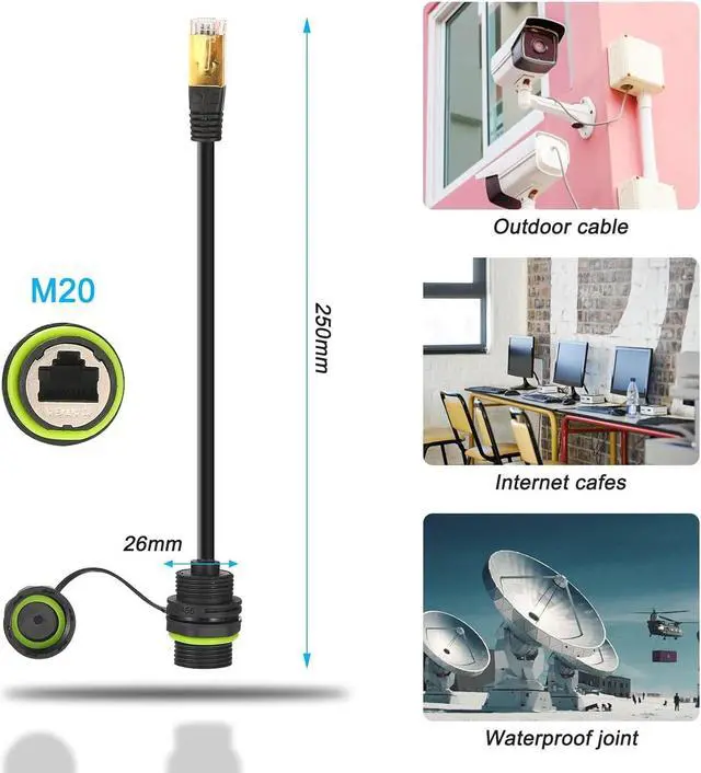 Alt view image 6 of 6 - 5PCS Panel Mounting RJ45 Waterproof Connector M20 Cat5/5e/6 Ethernet LAN Cable Coupler IP67 Waterproof with Dust Cap Cover 25cm Network Cable for Outdoor Network