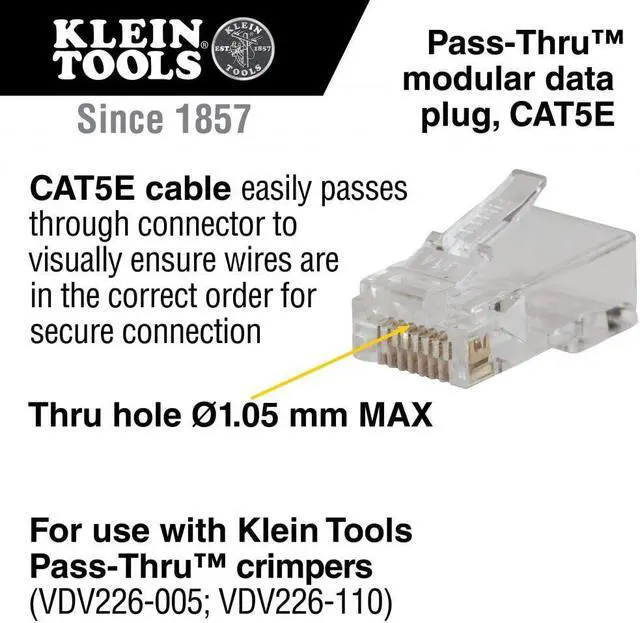 Alt view image 2 of 7 - Klein Tools VDV826-702 Pass-Thru Modular Data Plug, RJ45 CAT5E, Gold Plated, Pass Through Connectors 50-Pack