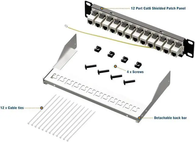 Alt view image 5 of 6 - iwillink 12 Port Patch Panel, RJ45 Through Coupler Cat6 Patch Panel STP Shielded with Back Bar, 10'' Wallmount or Rackmount, Compatible with Cat5, Cat5e, Cat6 Cabling