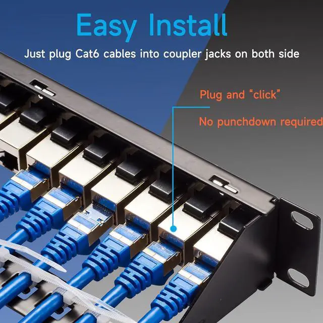 Alt view image 3 of 6 - 24 Port RJ45 Patch Panel Cat6 STP Feed Through, Coupler Network Patch Panel 19 Inch, Inline Keystone Ethernet Patch Panel with Back Bar