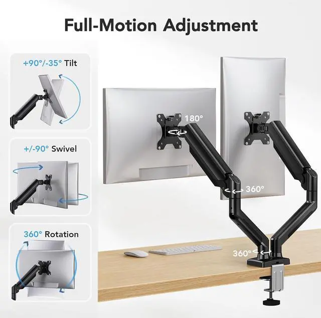 Alt view image 3 of 7 - HUANUO Dual Monitor Mount for 2 Monitors up to 32 inches, Each Arm Holds Max 22lbs, Dual Monitor Stand with Gas Spring System, Height-Adjustable/Tilt/Swivel/Rotate, VESA Standard 75mm or 100mm