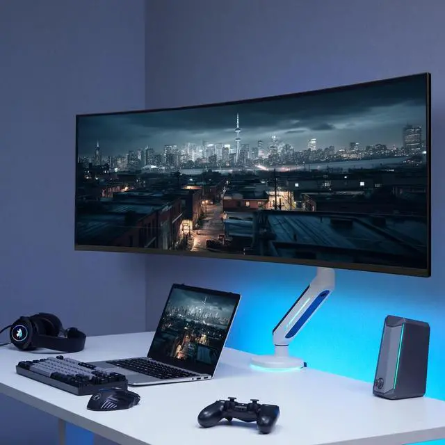 Alt view image 2 of 7 - AVLT Single 27-45 RGB Gaming Monitor Arm Desk Mount Built-in 20 Lighting Modes Touch Button Control Fits Flat/Curved/Ultrawide Monitor Height Swivel Tilt Rotation Adjustable Monitor Stand -White