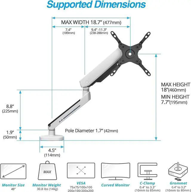 Alt view image 4 of 7 - AVLT Single 27-45 RGB Gaming Monitor Arm Desk Mount Built-in 20 Lighting Modes Touch Button Control Fits Flat/Curved/Ultrawide Monitor Height Swivel Tilt Rotation Adjustable Monitor Stand -White