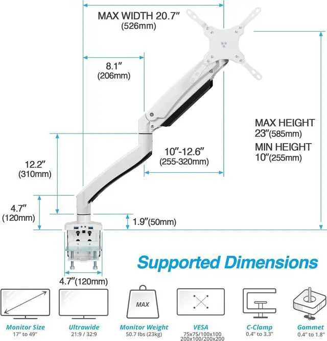 Alt view image 2 of 7 - AVLT Single 17"-49" Super Ultrawide Monitor Arm for Screens Up to 50 lbs, Premium Aluminum Desk Stand, Adjustable Pneumatic Height, Full Motion Swivel Tilt Rotation, USB 3.0 & AUX Ports, White