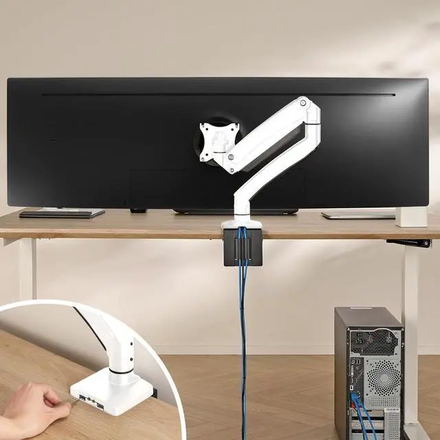 Alt view image 7 of 7 - AVLT Single 17"-49" Super Ultrawide Monitor Arm for Screens Up to 50 lbs, Premium Aluminum Desk Stand, Adjustable Pneumatic Height, Full Motion Swivel Tilt Rotation, USB 3.0 & AUX Ports, White
