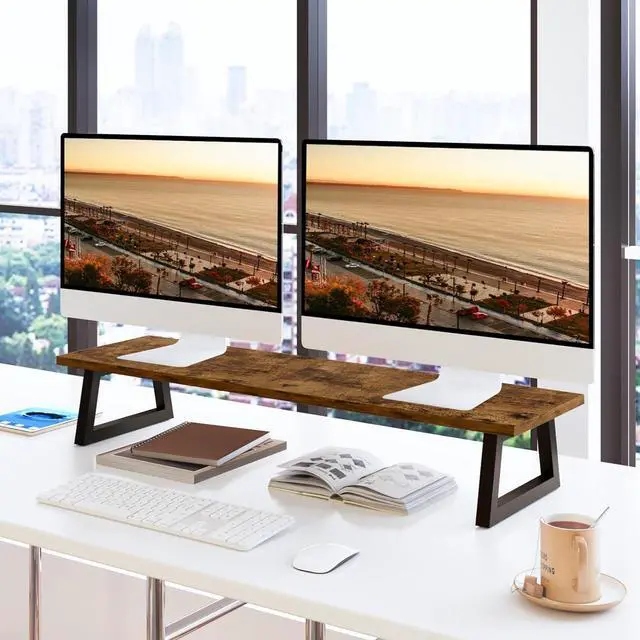 Alt view image 3 of 7 - TEAMIX 31.5 inch Dual Monitor Riser for 2 Monitors, Long Monitor Stand Riser TV Stand Riser Monitor Stand for Desk Wood & Steel Desktop Riser Desk Organization Home Office
