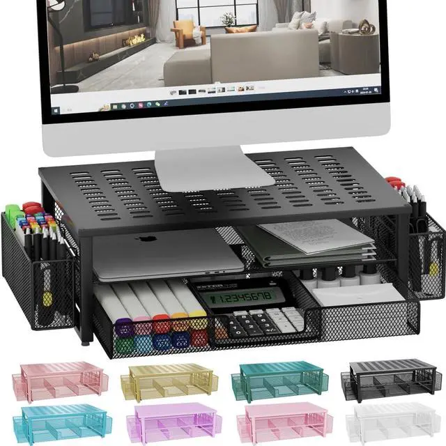 Main image of gianotter Desk Computer Monitor Stand Riser with Drawer and 2 Pen Holder, Desk Accessories & Workspace Desk Organizers, Desktop Organizer for Office Supplies (Black)