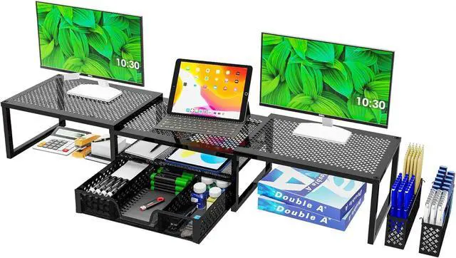 Main image of Simple Trending Dual Metal Monitor Stand Riser for 2 Monitors,Adjustable Angle Computer Desk Organizer with Drawer and Pen Holder for Laptop, Computer, iMac, Black