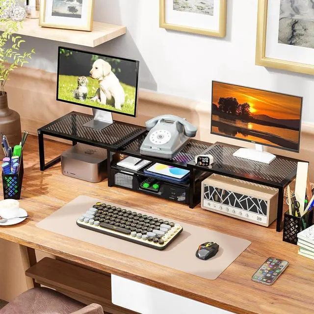 Alt view image 2 of 7 - Simple Trending Dual Metal Monitor Stand Riser for 2 Monitors,Adjustable Angle Computer Desk Organizer with Drawer and Pen Holder for Laptop, Computer, iMac, Black